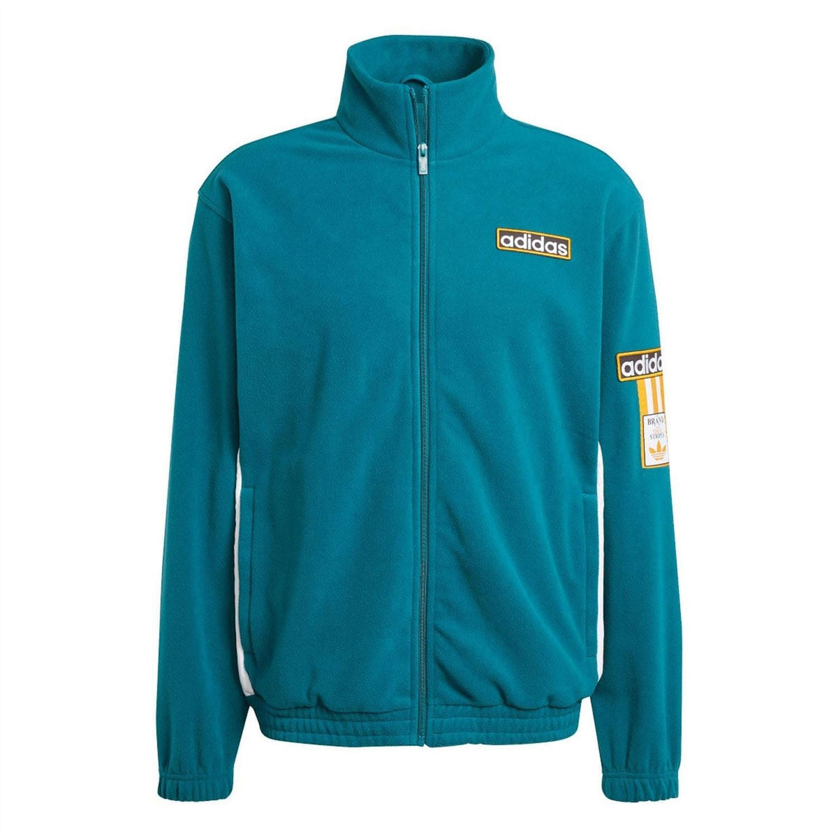 Teal fleece track jacket with full zip stand collar and adidas chest logo