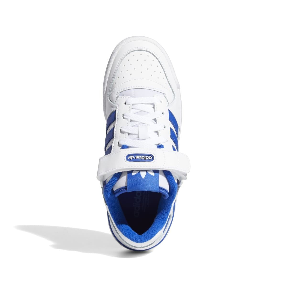 Kids white and blue low-top sneaker with lace-up front and Adidas logo