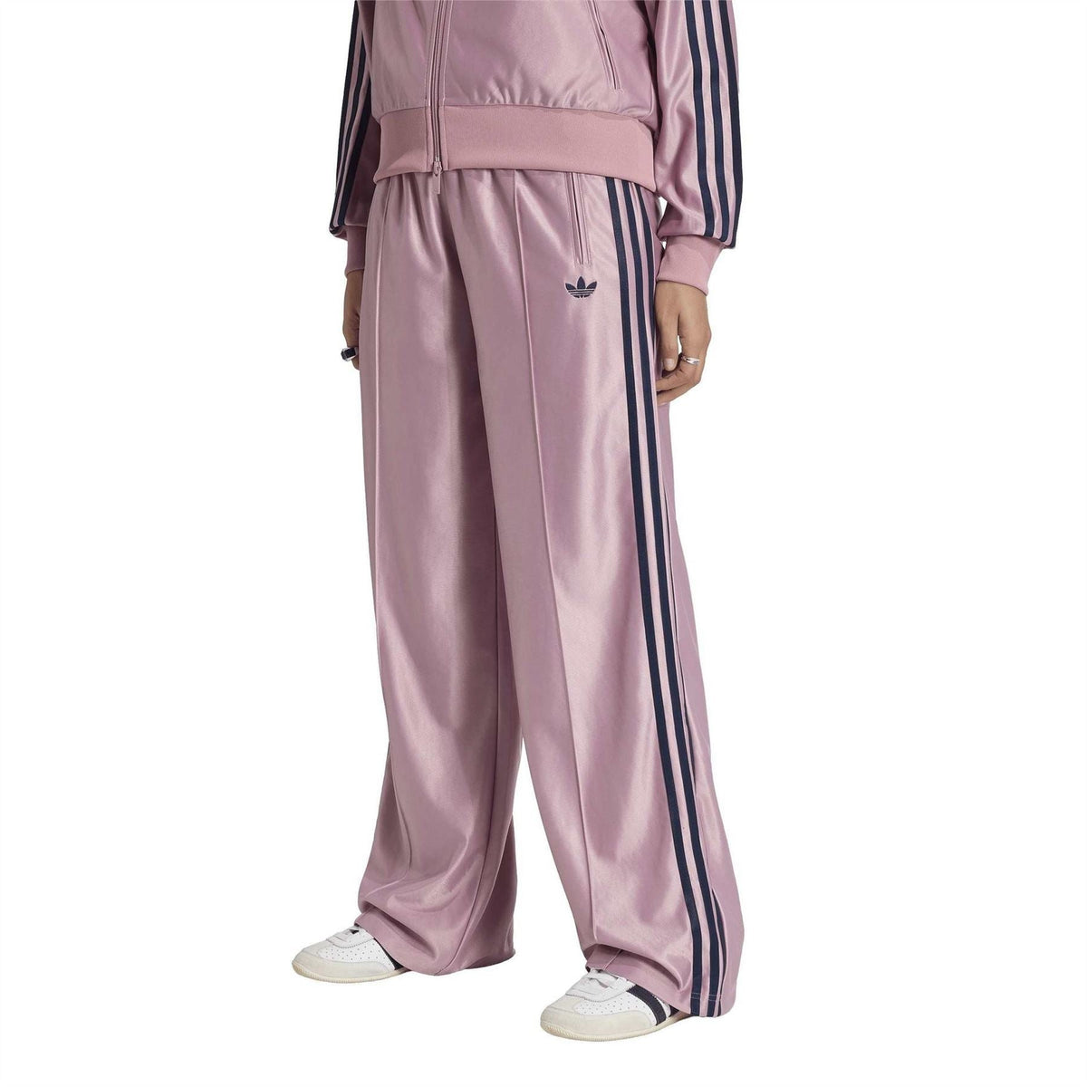 Womens mauve wide-leg joggers with dark side stripes and trefoil logo