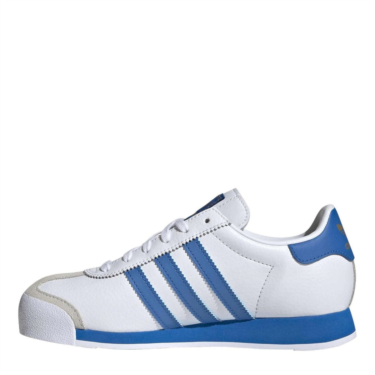 Juniors low-top sneakers in white with blue adidas-style stripes and rubber sole