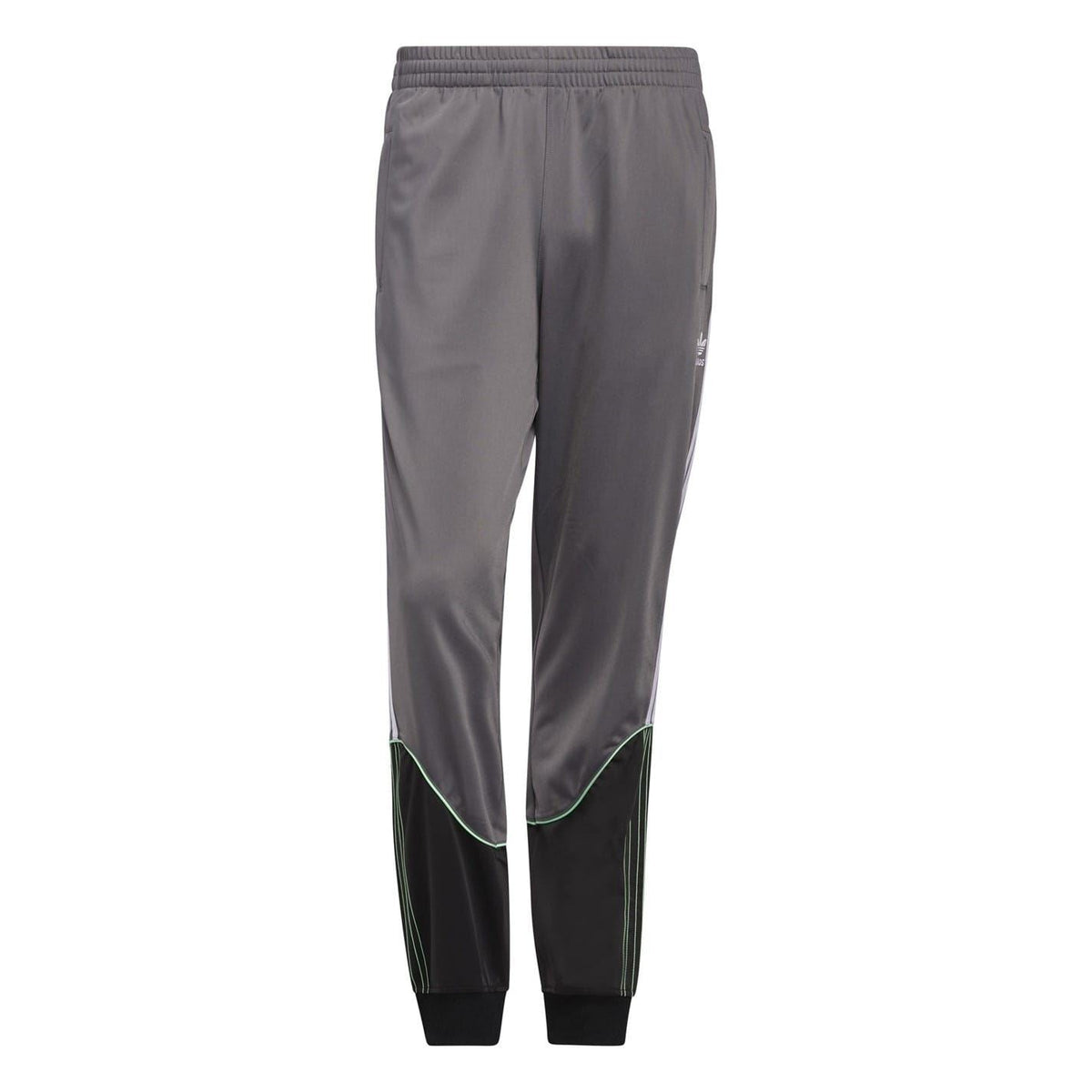Grey track sweatpants with elastic waistband, ribbed cuffs, and contrast side panels