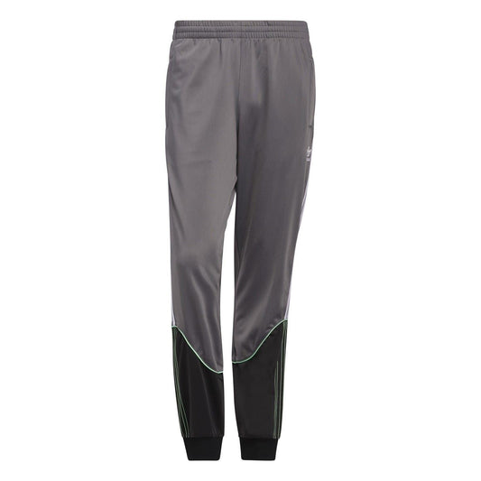 Grey track sweatpants with elastic waistband, ribbed cuffs, and contrast side panels
