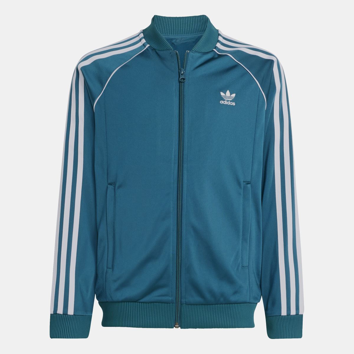Teal juniors track top with full zip, ribbed cuffs, and white 3-stripe sleeves.