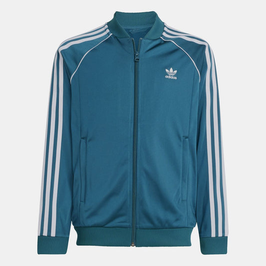 Teal juniors track top with full zip, ribbed cuffs, and white 3-stripe sleeves.