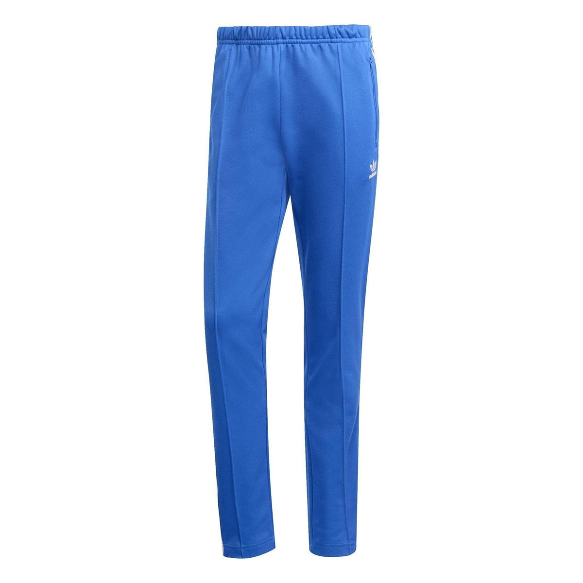 Blue track pants with white side stripes, elastic waistband and tapered leg