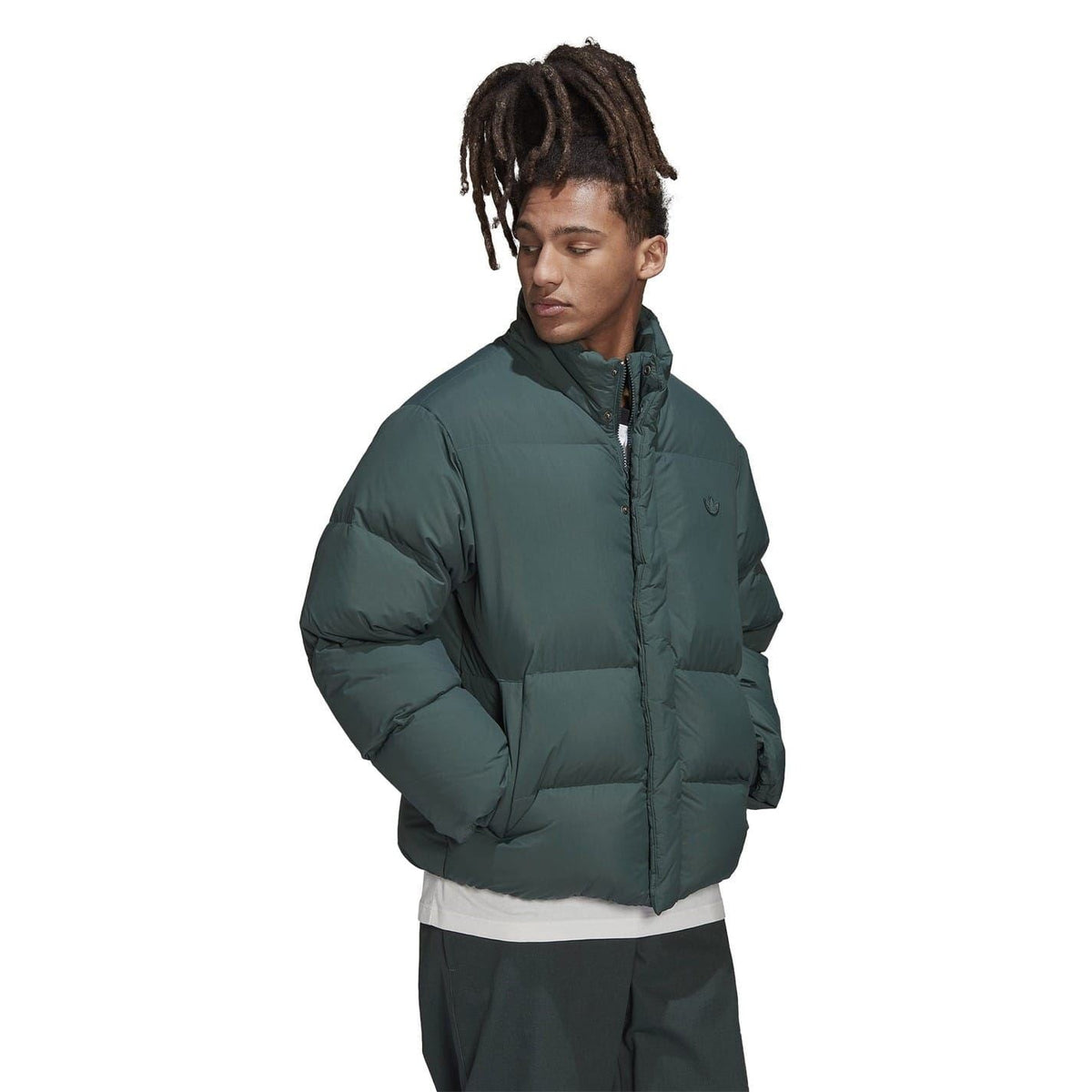 adidas Originals relaxed fit down jacket with a collared neck, featuring a puffy design and front zipper, suitable for casual wear