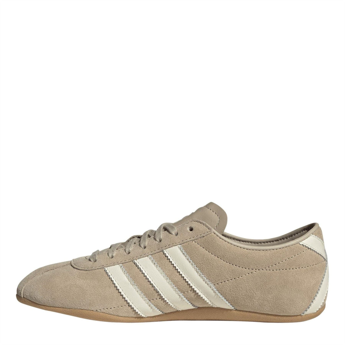 Stone khaki low top lace-up sneakers with three white stripes and adidas Tokyo label