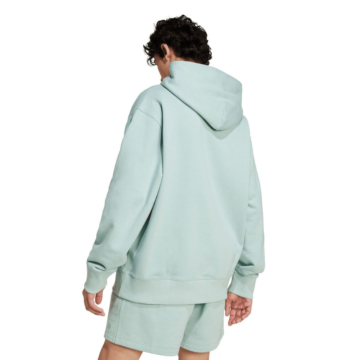 Mint green pullover hoodie with hood, kangaroo pocket, and ribbed cuffs shown from back