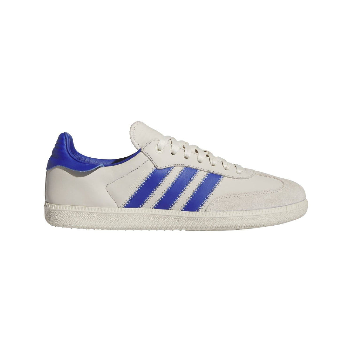 White and blue low-top trainers with three-stripe side panels and lace-up closure