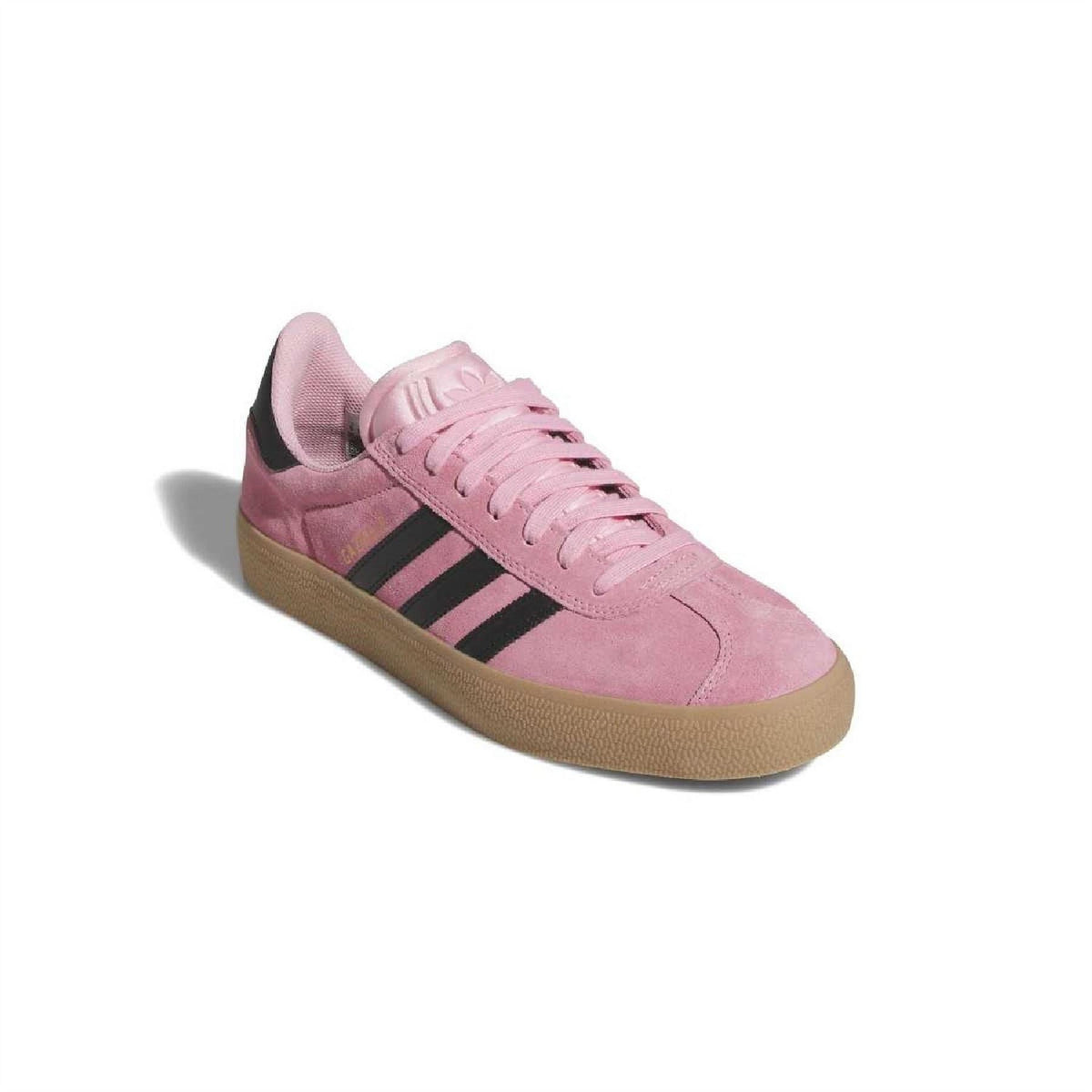 Light pink suede Gazelle ADV lace-up trainers with black stripes and gum sole