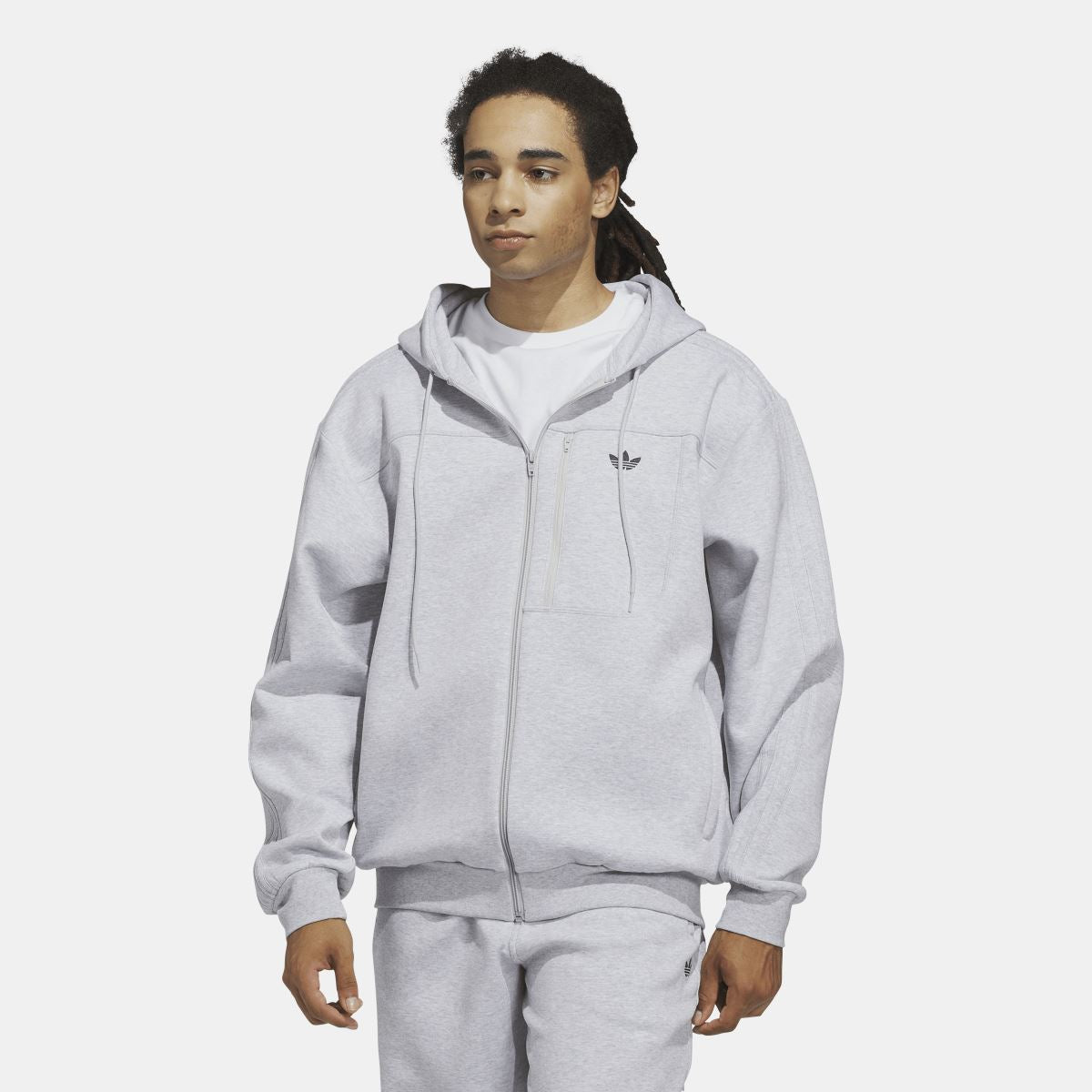 Grey zip fleece hoodie with hood, full-length zipper, and chest adidas trefoil logo.