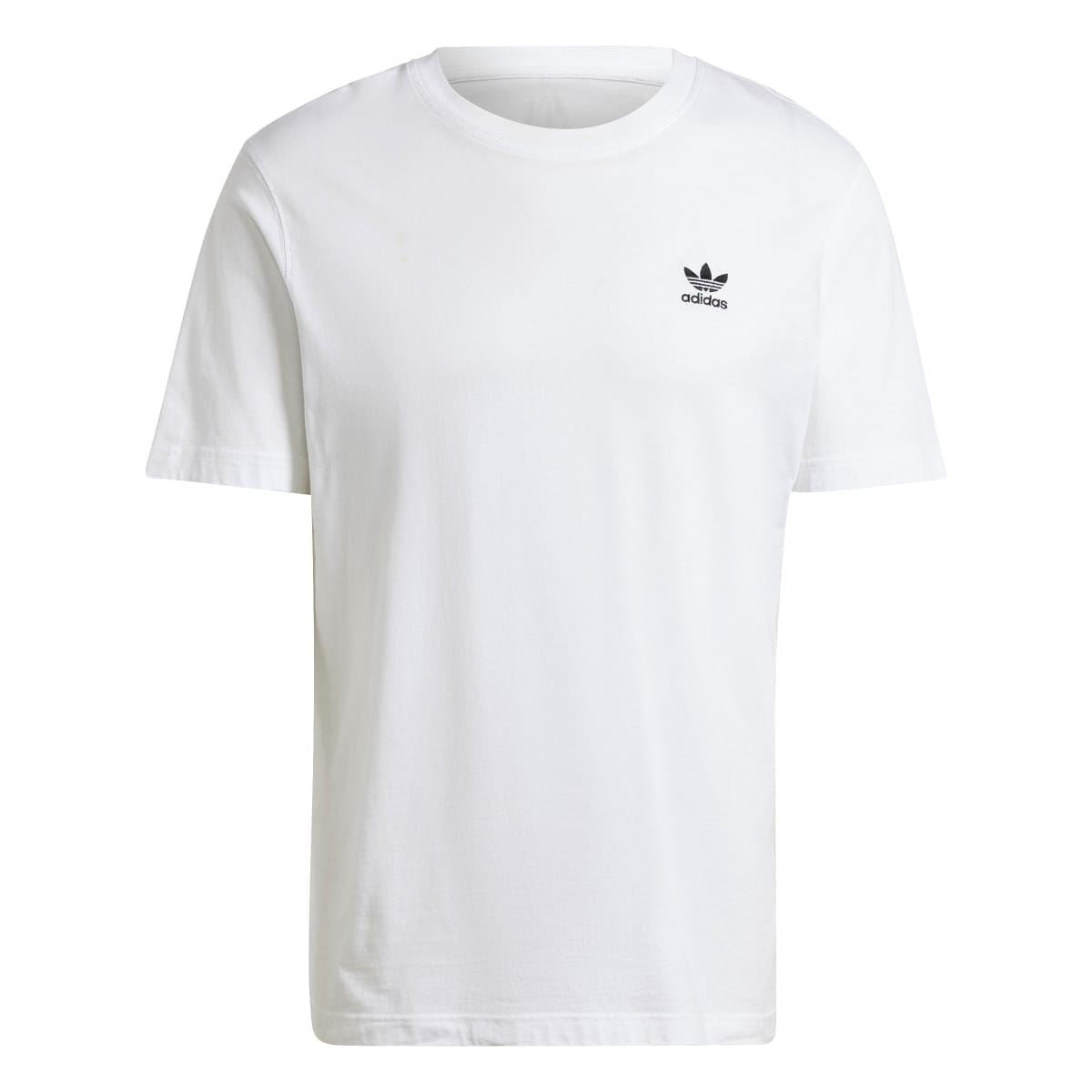 White crew-neck T-shirt with small adidas logo on left chest, short sleeves