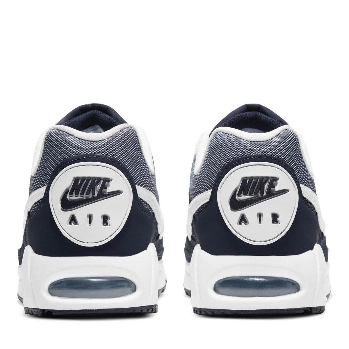 Navy Nike Air Max trainers, rear view with AIR label and air-cushion sole