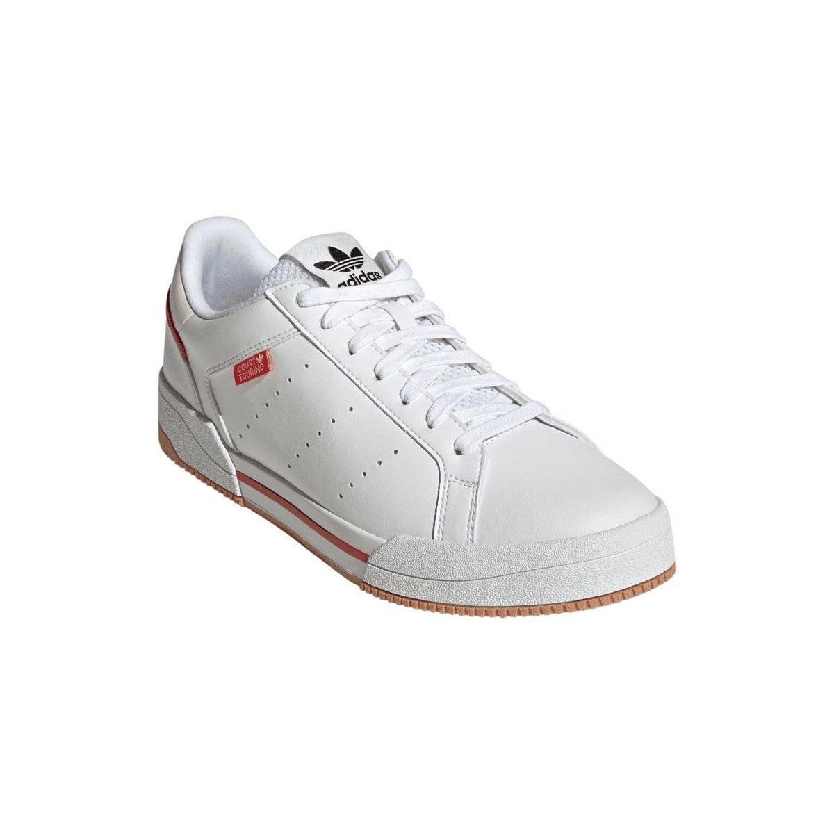 White adidas Tourino low-top trainers with red eyestay panel and gum sole