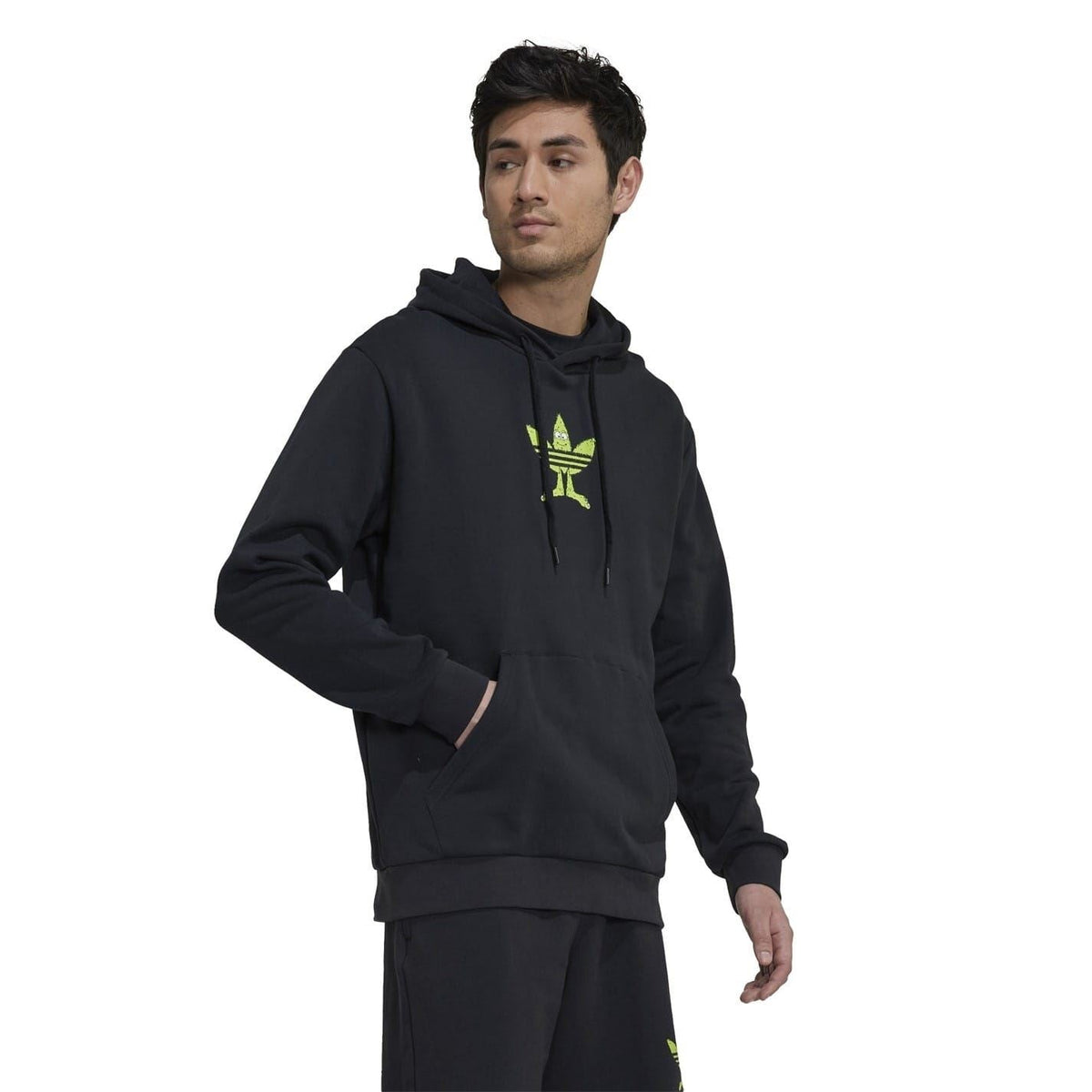 Black hooded sweatshirt with green trefoil logo on chest, long sleeves and kangaroo pocket.