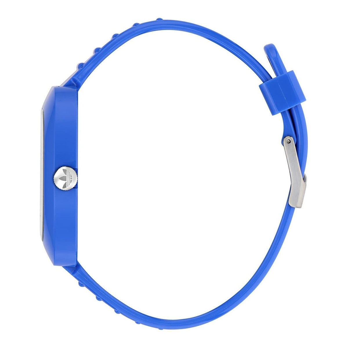 Blue silicone watch strap with metal clasp and back case on square watch