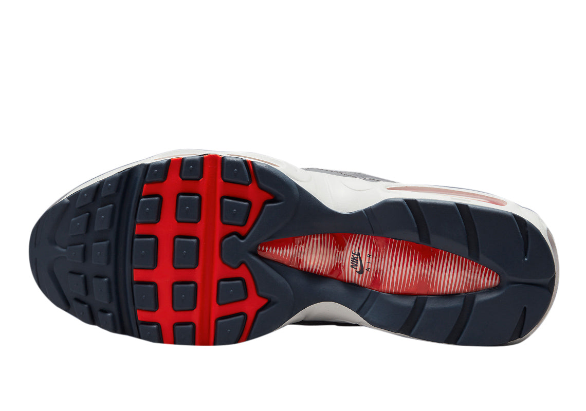 Men's Nike Air Max 95 outsole view with dark traction pods and red accents on the heel.