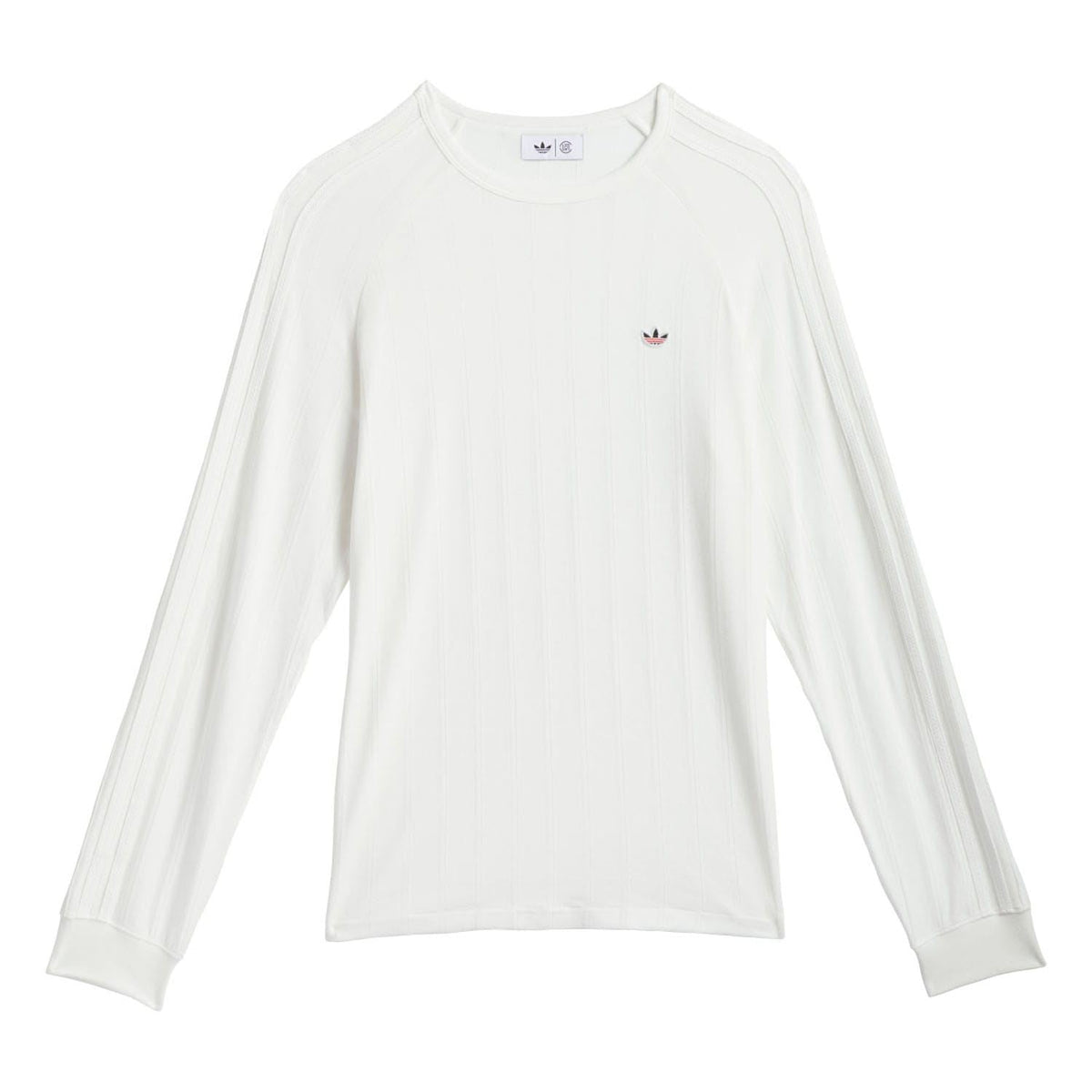 White ribbed long-sleeve crewneck t-shirt with small adidas trefoil chest logo