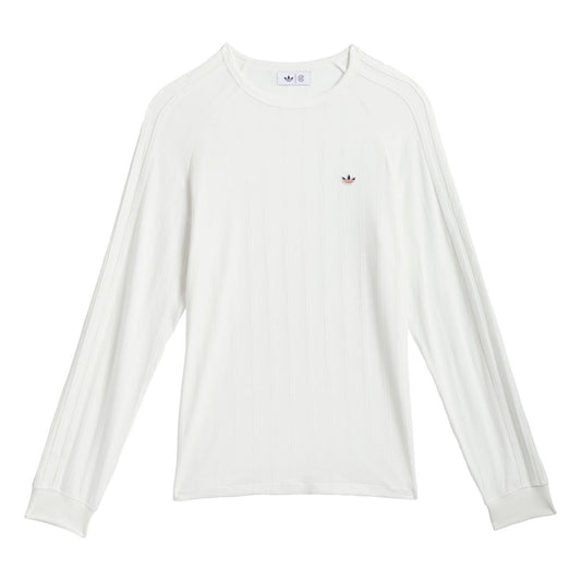 White ribbed long-sleeve crewneck t-shirt with small adidas trefoil chest logo