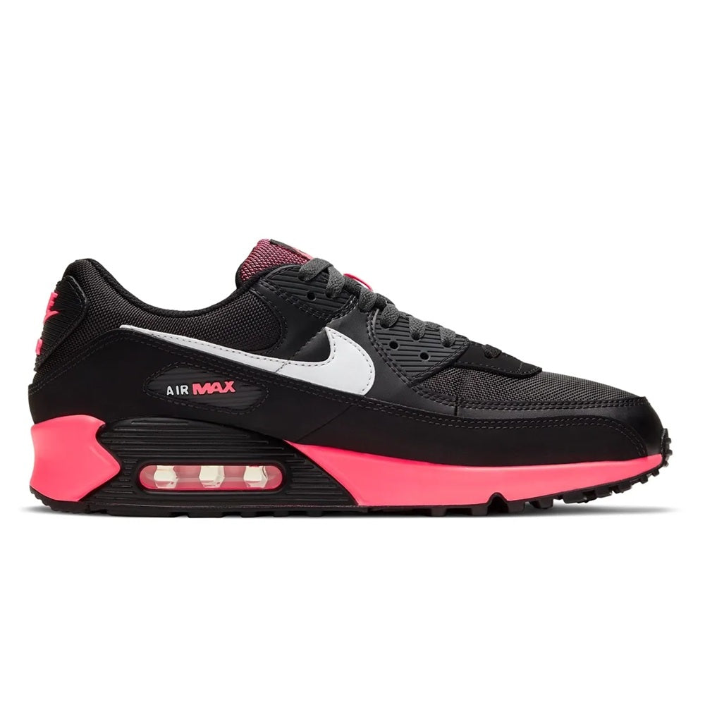 Black, white, and racer pink Air Max 90 sneakers with lace-up and visible Air window