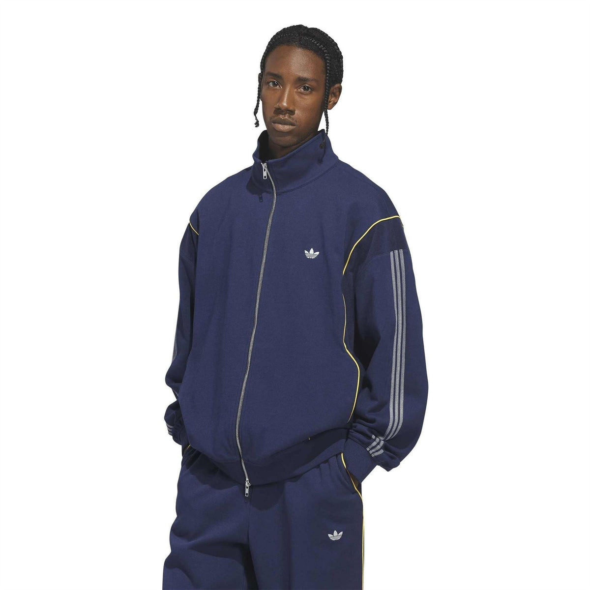 adidas Originals track jacket dark blue with stand collar, full zip, chest logo and contrast piping