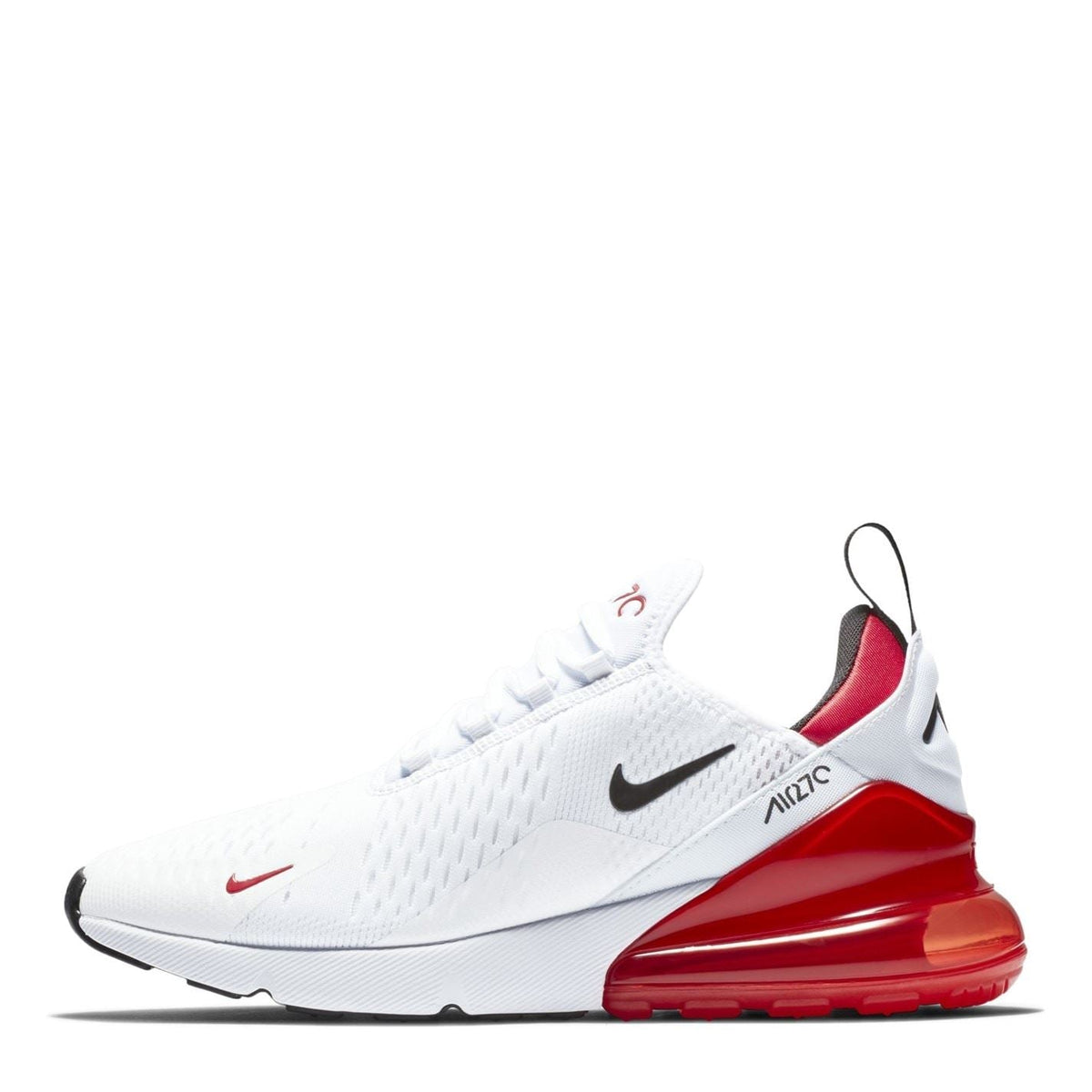 White Air Max 270 trainers with red side panel and red-tinted Air sole