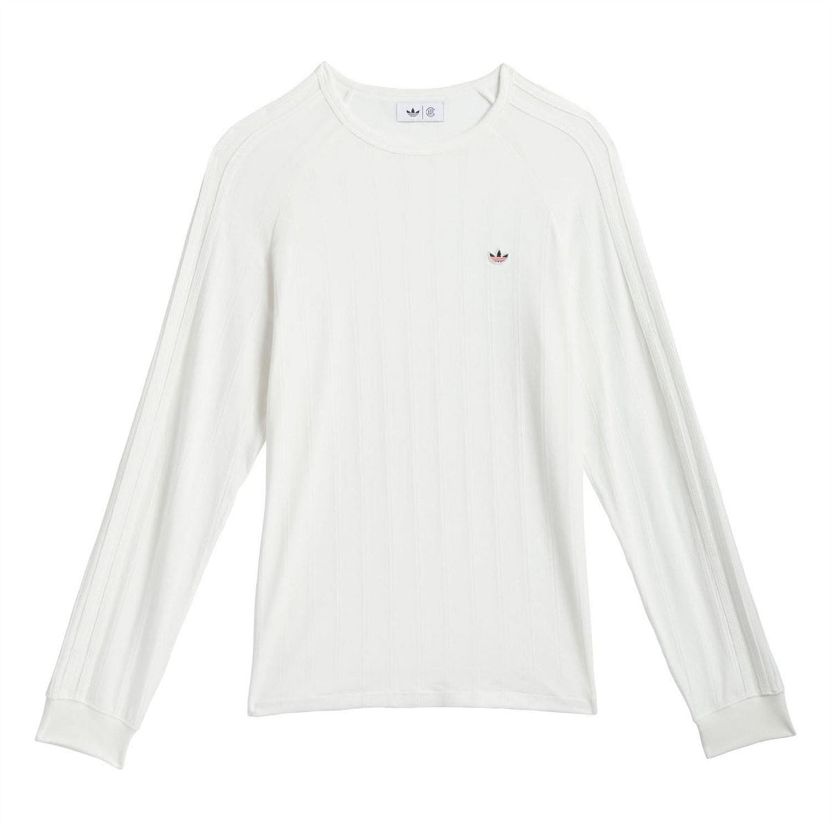White long sleeve t-shirt, flat lay front; crew neck and small chest logo
