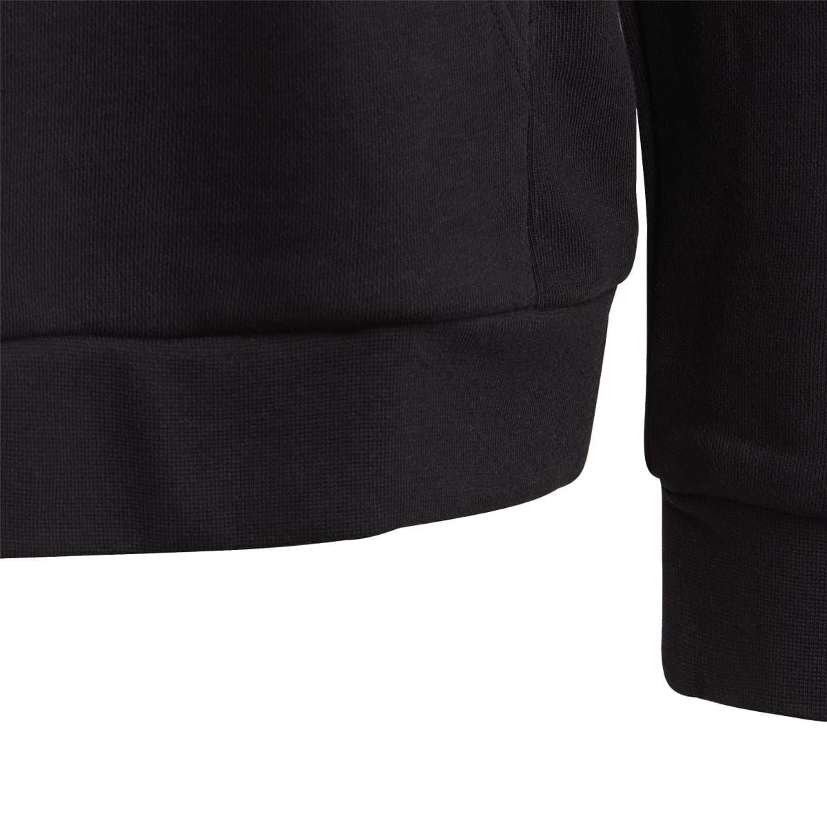 Black hoodie hem and sleeve cuff with ribbed trim and stitched panel
