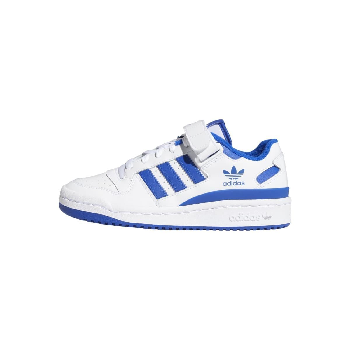 Kids' low-top adidas sneakers in white with blue stripes and hook-and-loop strap