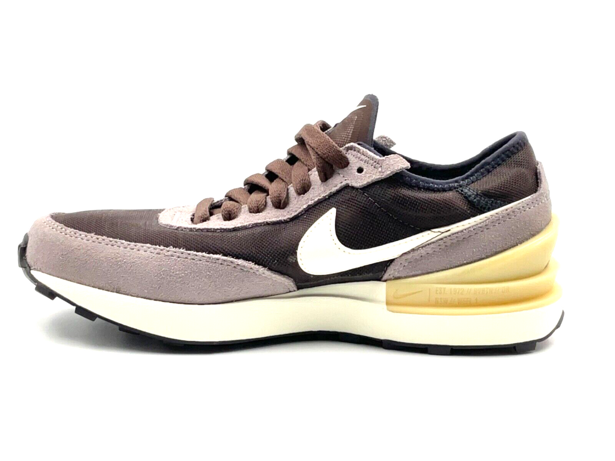 Big Kid's Nike Waffle One sneakers in dark brown and natural, with white swoosh