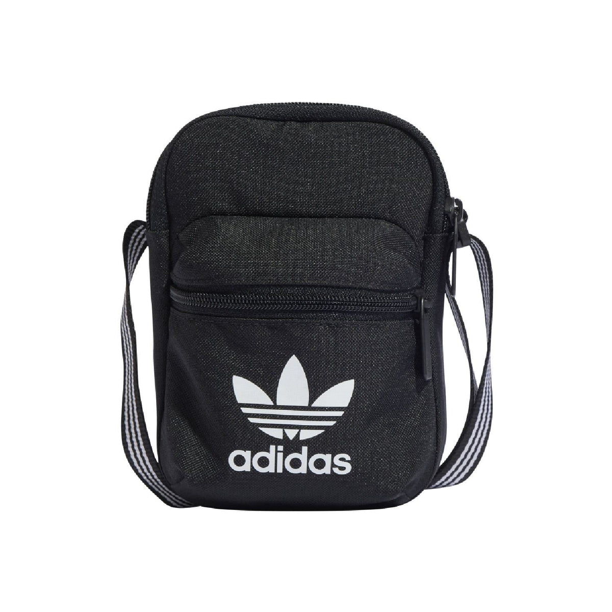 Black adidas Originals festival bag with front zip pocket and adjustable strap