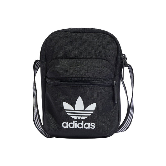 Black adidas Originals festival bag with front zip pocket and adjustable strap