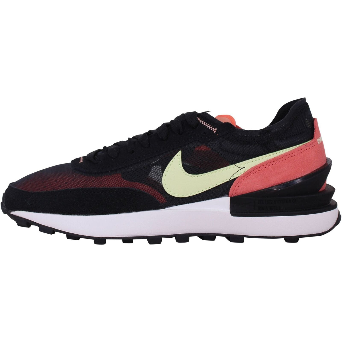 Lace-up low-top sneaker in black and red with lime swoosh and white midsole.