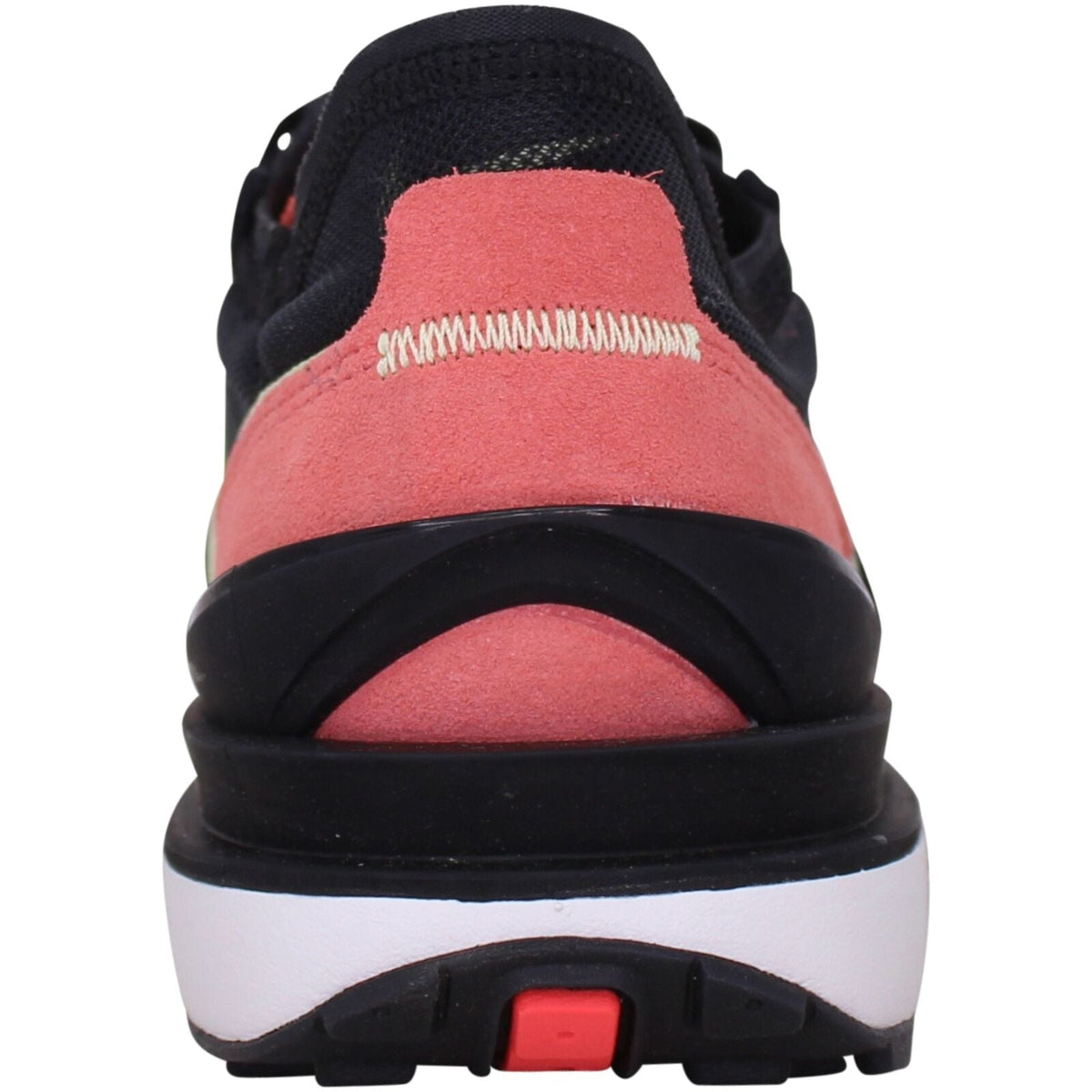 Back heel view of black and red lace-up sneaker with cushioned collar.