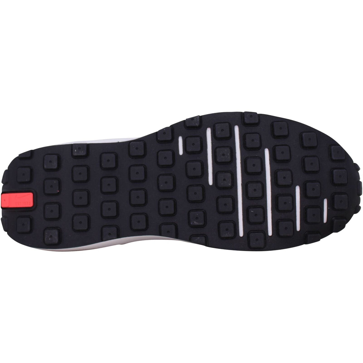 Shoe outsole with raised traction tread and red heel grip section.