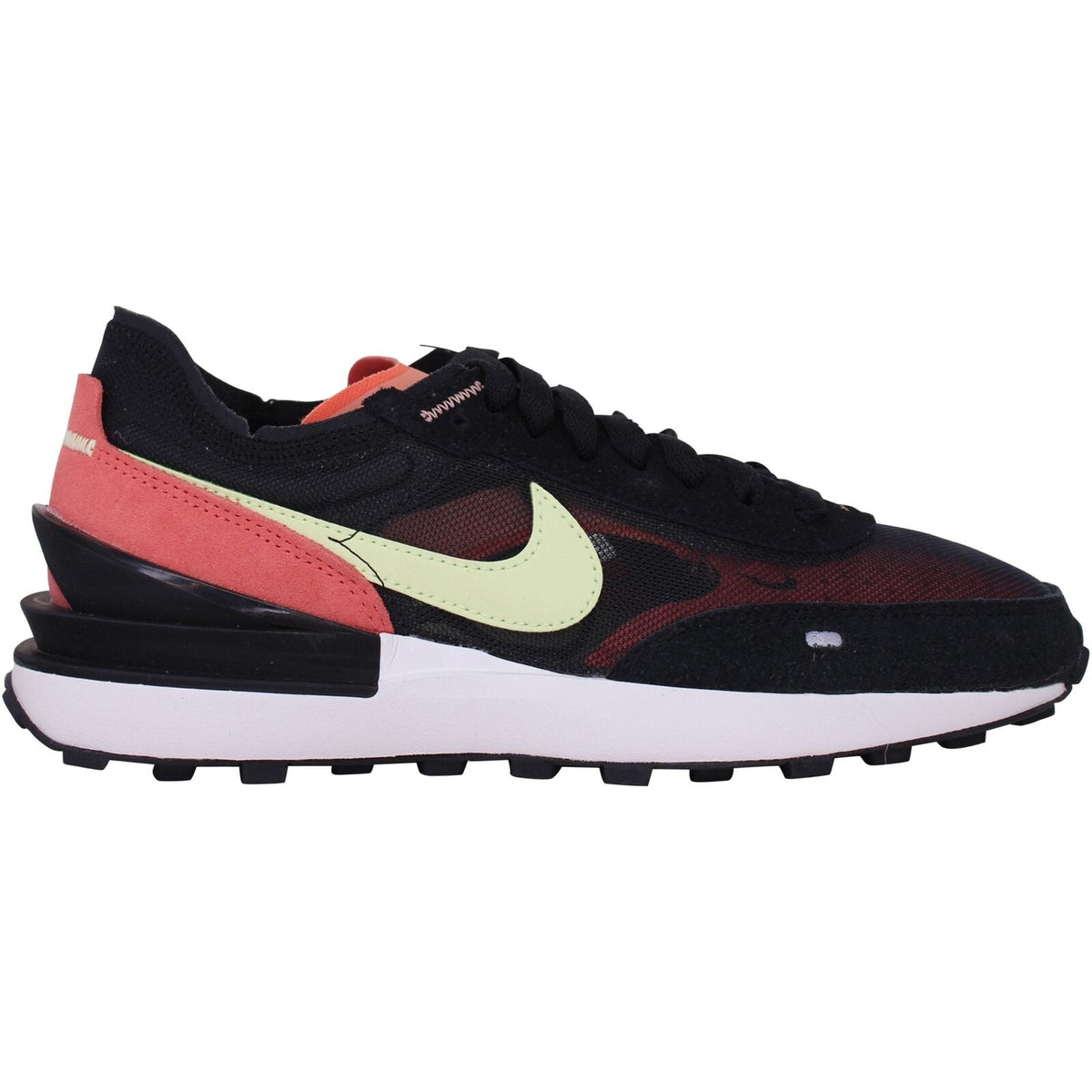 Black, red, and lime low-top sneaker with lace-up design and white midsole.