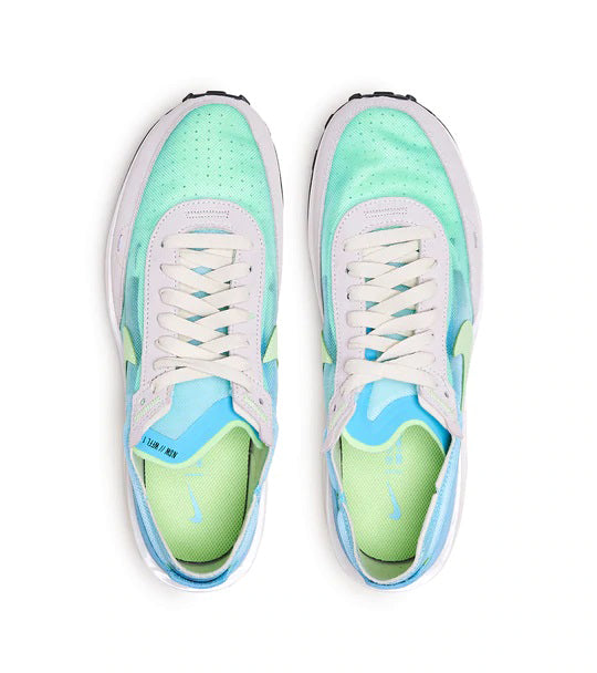 Women's Nike lace-up sneakers with aqua uppers, white laces, and lime accents