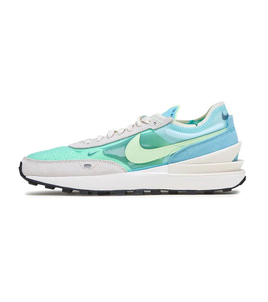 Women's Nike waffle running sneaker in aqua and lime with white midsole
