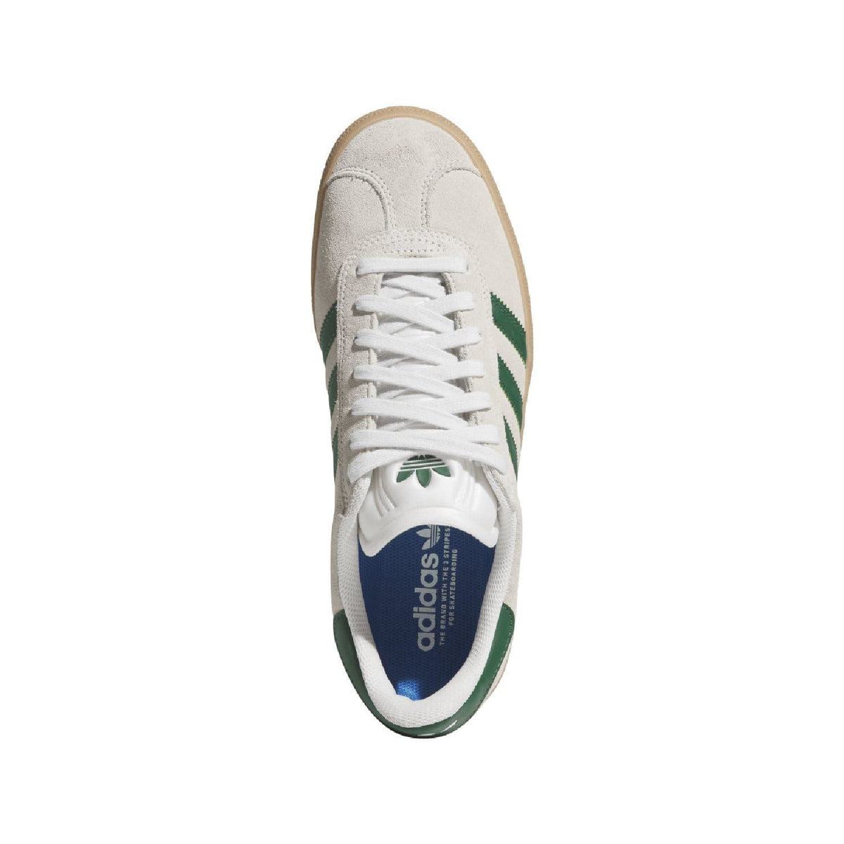 adidas Gazelle Advantage sneaker with white laces, off-white leather upper, green stripes