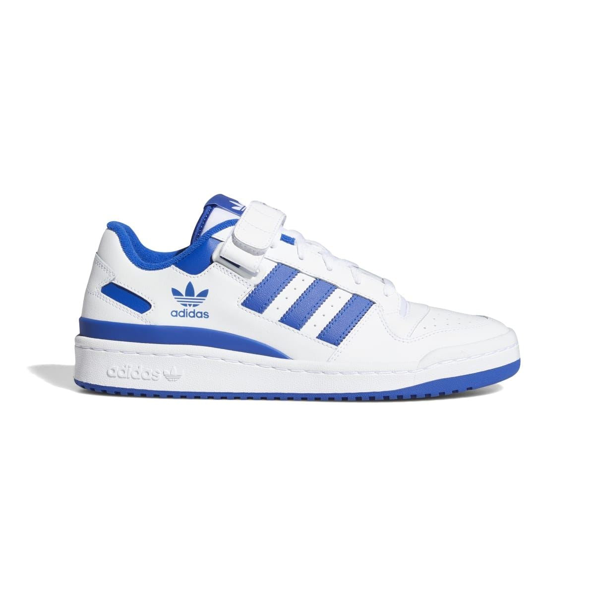 White and blue low-top trainers with hook-and-loop strap and three stripe details