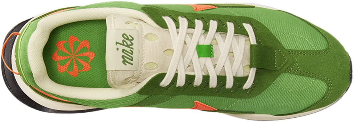 Green sneaker upper with white laces and printed tongue/inner logo, orange swoosh