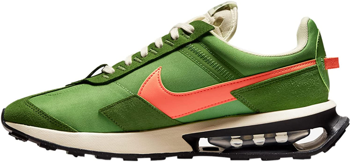 Green Nike Air Max sneaker side view with orange accents, lace-up and visible air unit