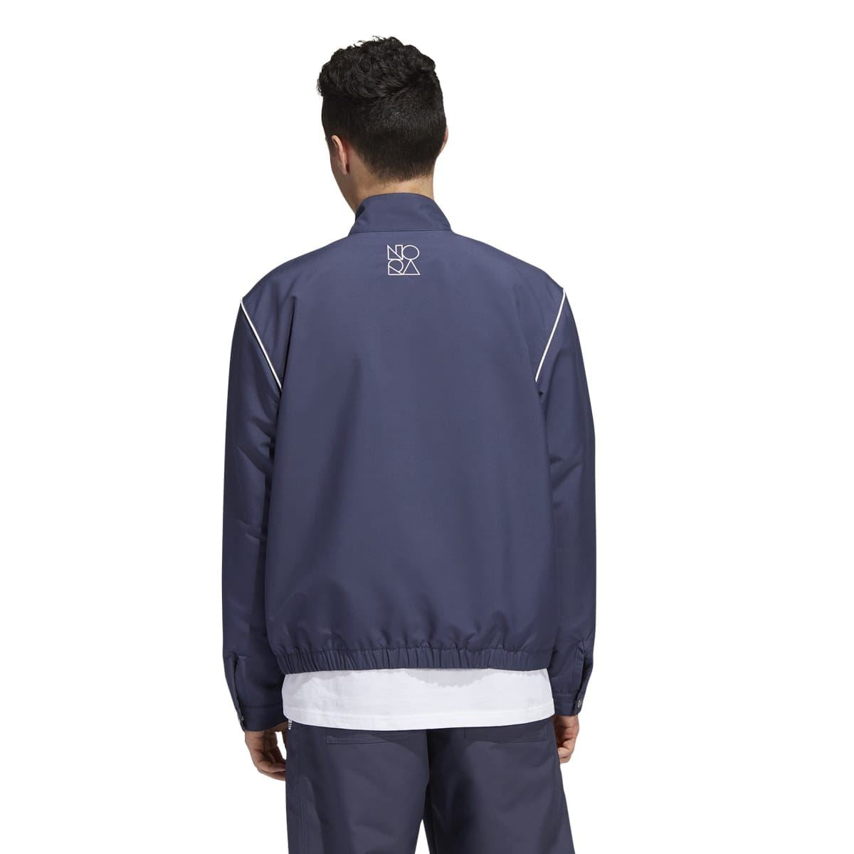 adidas navy track top back view with full zip, embroidered logo and stripe piping