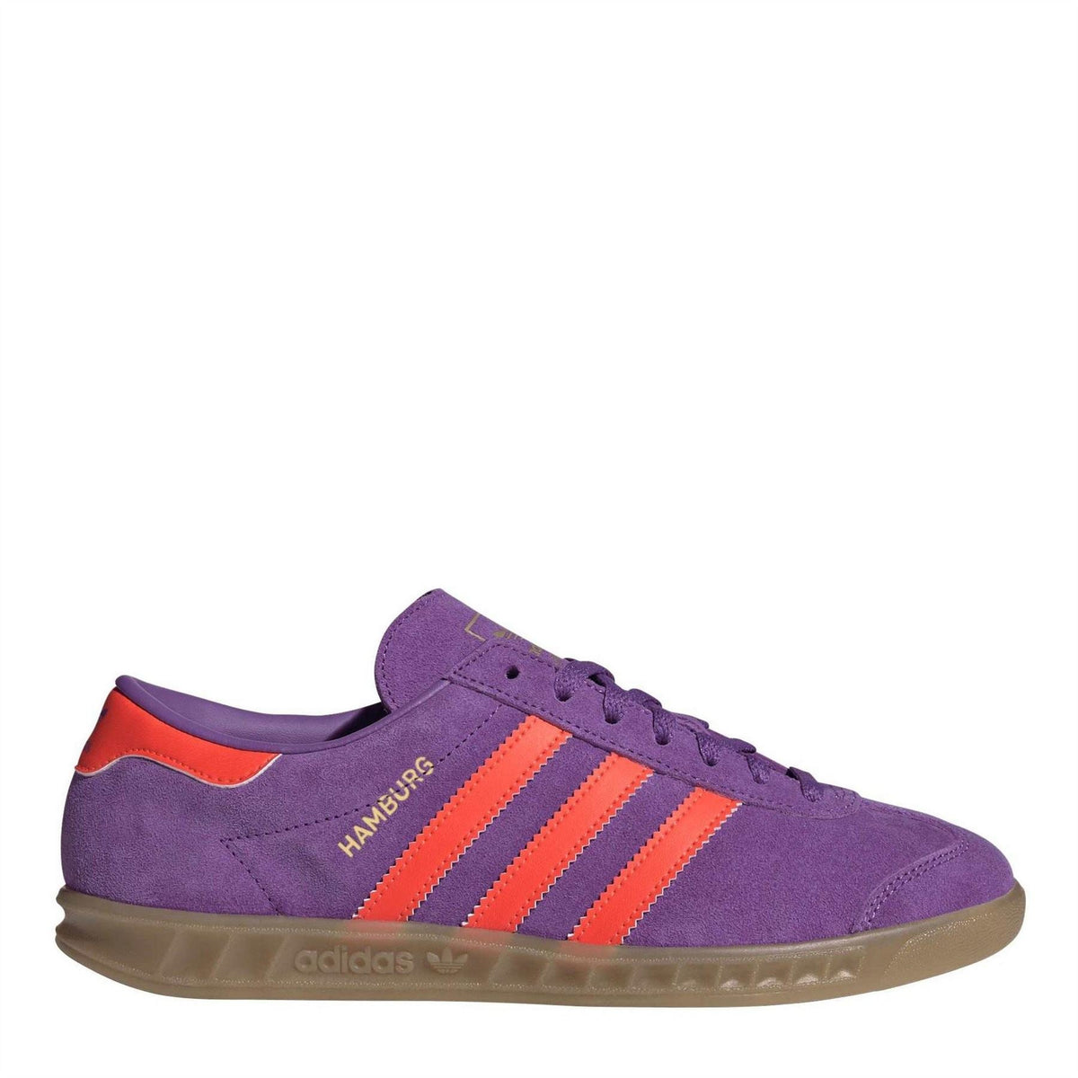 Purple suede adidas Hamburg sneaker with orange triple-stripe detailing and gum sole