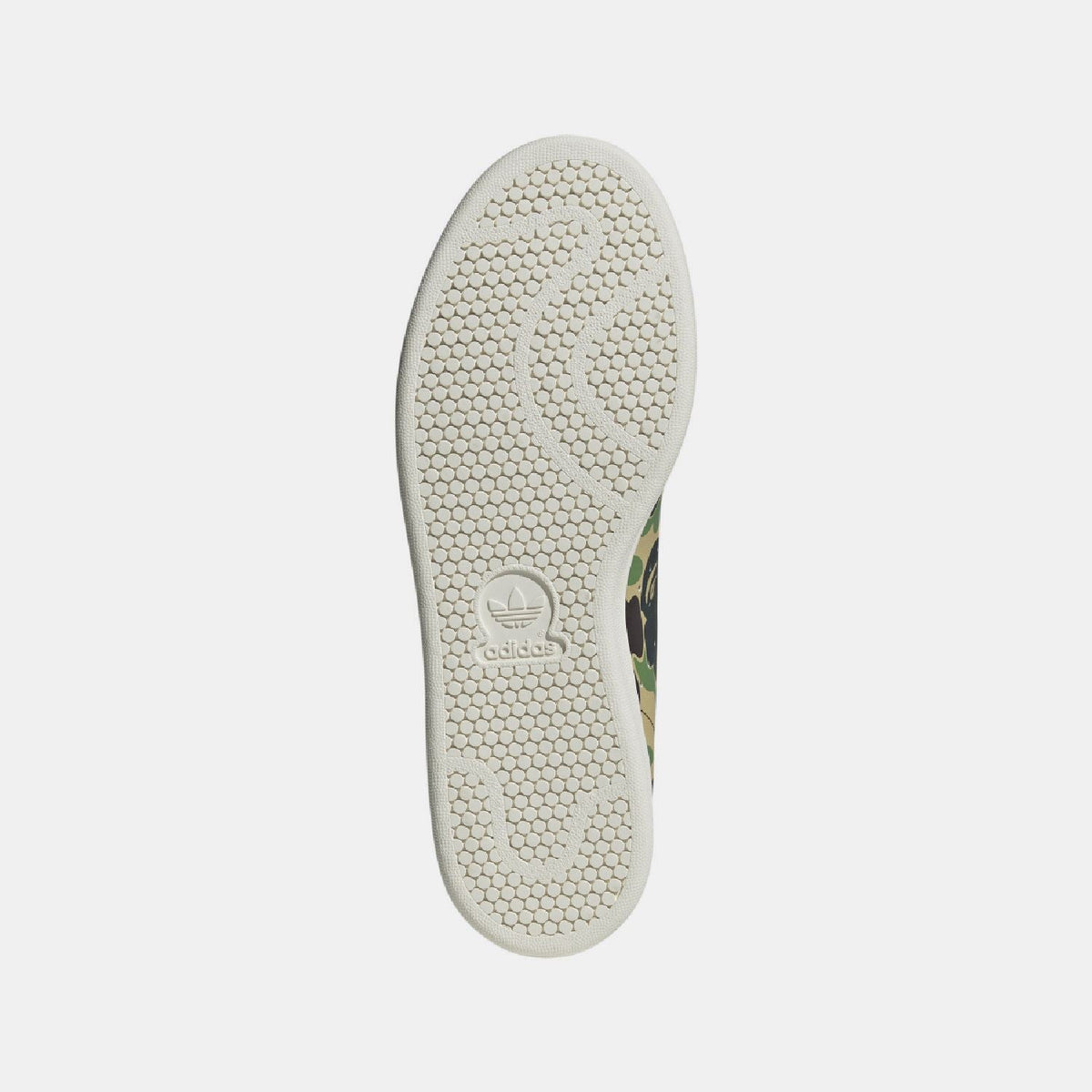 adidas Originals Bape Stan Smith shoes, white footwear with Bape logo detailing, classic sneaker design with green heel tab.