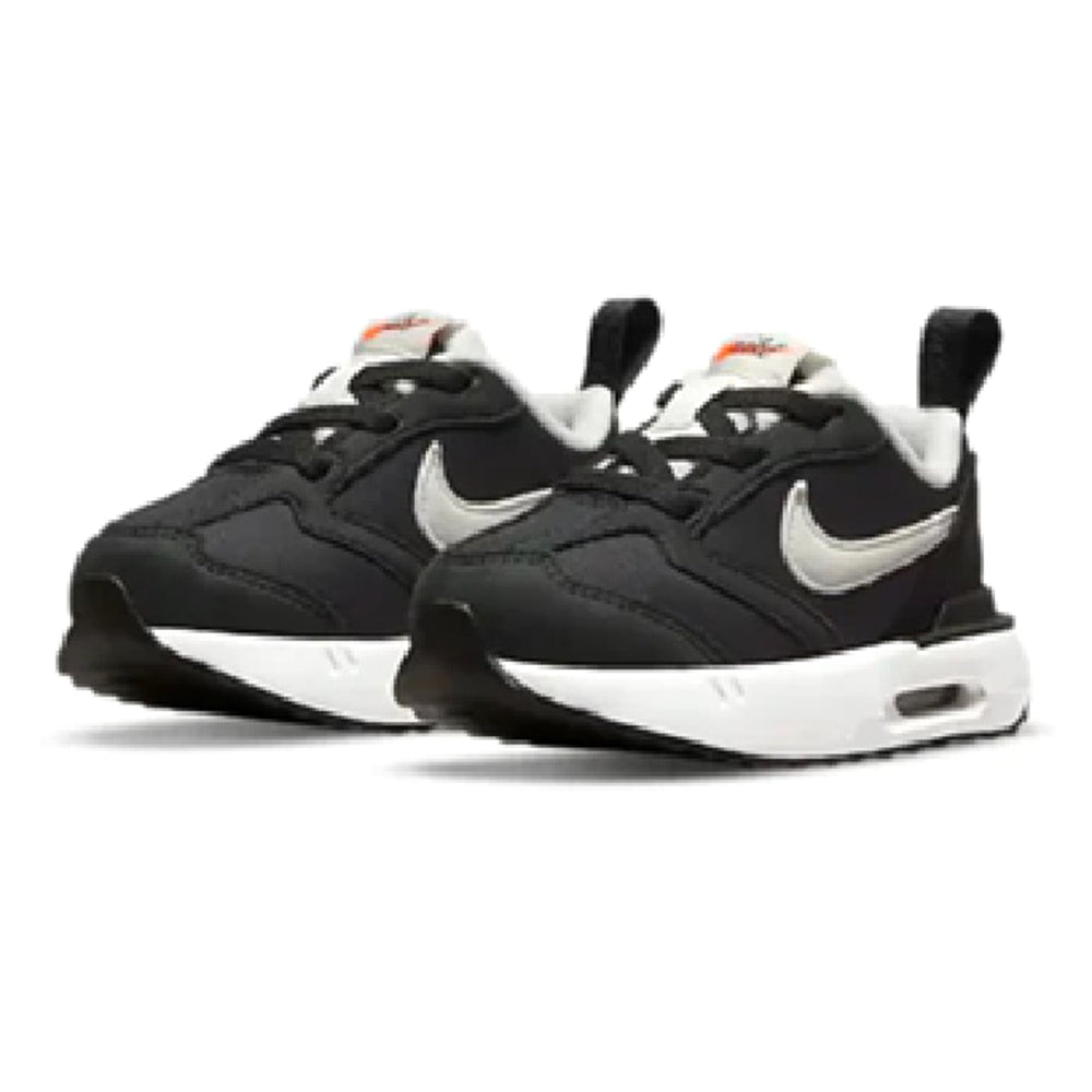 Toddler Nike Air Max Dawn sneakers, side view, black uppers with white swooshes