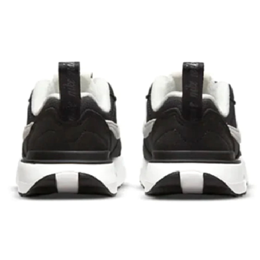 Toddler Nike Air Max Dawn sneakers, heel view in black with white accents