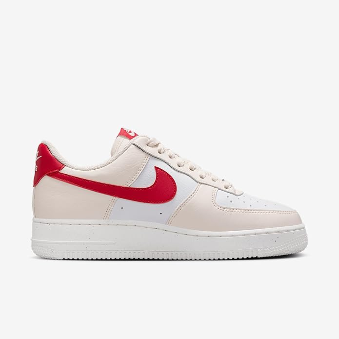 Women's Nike Air Force 1 sneakers, pale ivory leather upper with red Swoosh