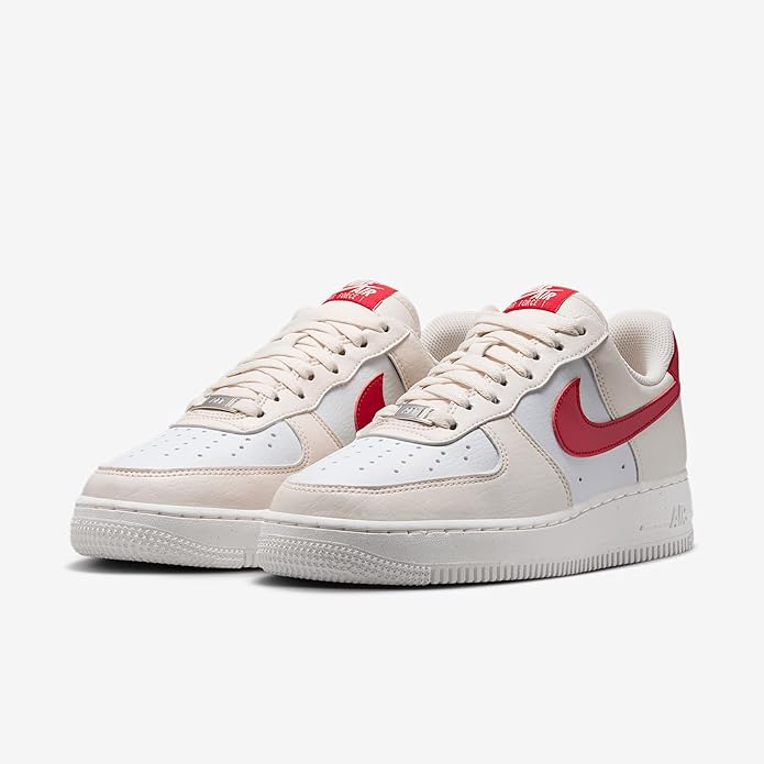 Women's Nike Air Force 1 sneakers, pale ivory with red heel and Swoosh