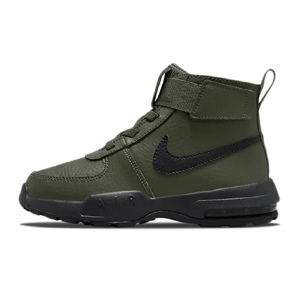 Kids high-top sneakers in olive green with navy swoosh and hook-and-loop strap